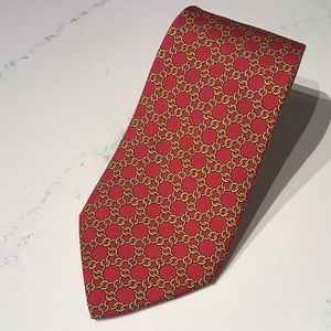 Hermes, Vintage Gold Rings on Red Motif Necktie, 100% silk, made in France